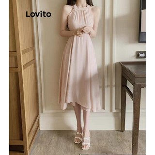 Đầm Lovito xếp ly màu trơn phong cách thanh lịch cho nữ LNE52419