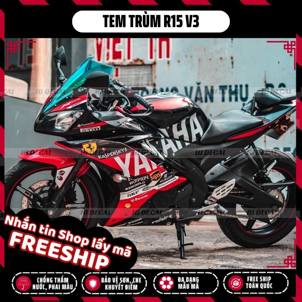 Tem trùm dán xe R15v3 tem xe đua màu đỏ | Mẫu R15-H021 | Decal dán xe R15 v3 chống nước, chống phai màu