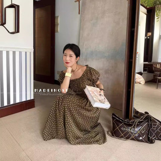 Madeinost Thiết Kế Mùa Hè Cảm Thấy Hai Mặc Một Vai Bong Bóng Tay Màu Retro Hoa Nhỏ Eo Đầm