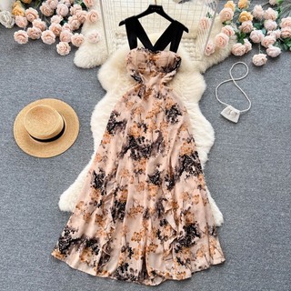 Pháp Thanh Lịch Hoa Đầm ôm Gợi Cảm Rỗng Ra Lưng Đi Biển Dài Váy Nữ Vintage Mỏng Chữ A In Ngày Lễ Đầm