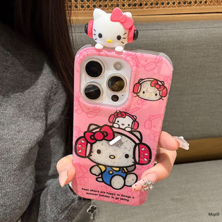 Phim Hoạt Hình Sáng Tạo Ngộ nghĩnh Dễ Thương Màu Hồng 3D Đeo Tai Nghe HelloKitty Vỏ Cứng Cho IPhone 16 15 14 13 12 ProMax 14Pro 16ProMax 15PM Chống Sốc Chống Rơi I15 / 14 / 13 Vỏ IPhone Ốp Lưng