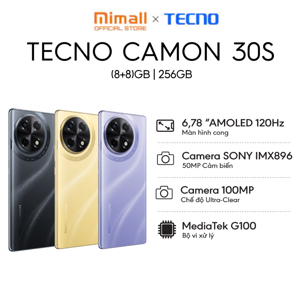 [ƯU ĐÃI MỞ BÁN] Điện thoại di động Tecno Camon 30S 8GB/256GB - Helio G100 | 5000mAh | Sạc nhanh 33W 
