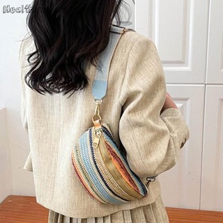 Túi đeo ngực sọc cầu vồng Túi thắt lưng dệt rơm thời trang để đi làm (Xanh dương)