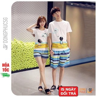 Đồ đôi đi biển dễ thương set gồm áo thun và quần short nổi bật nam nữ hay gia đình hội nhóm DDB04