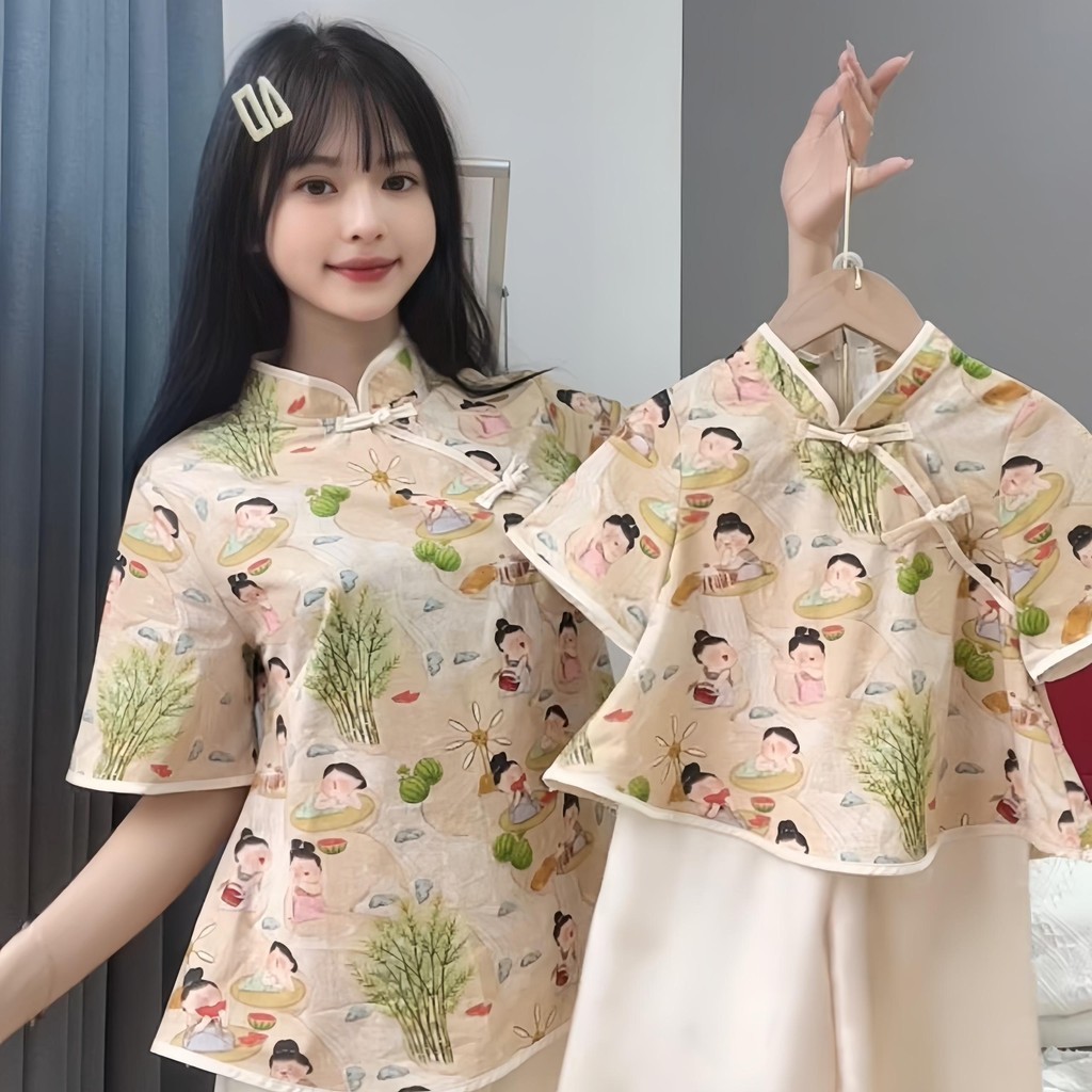 Set áo sườn xám cổ tàu + quần lụa kem cho Mẹ và Bé Gái Tiny Winy S328