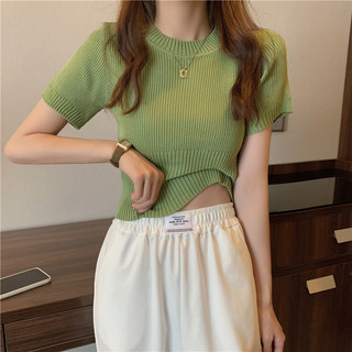Áo thun dệt kim màu xanh lá cây mùa hè Phong cách mới Slim Ngắn băng lụa tay ngắn cổ tròn dệt kim hàng đầu