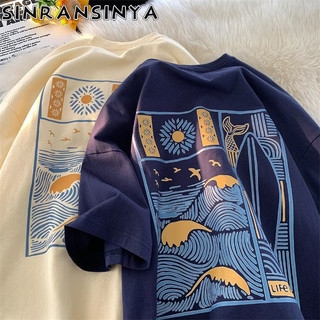 Sinransinya Áo thun nam mới kiểu Mỹ retro đường phố haoute couture cotton nguyên chất in đại dương dáng rộng phù hợp cặp đôi sinh viên thời trang áo ngắn tay