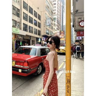 Pháp Retro Hoa Đỏ Sling Đầm Mùa Xuân Thắt Lưng Ôm Hơn Nhìn Gợi Cảm Dây Váy Dài