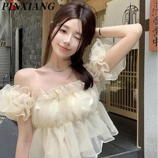 Pinxiang Áo sơ mi voan một vai mới dành cho nữ thiết kế thích hợp kiểu Pháp tay phồng ngọt ngào áo ngắn