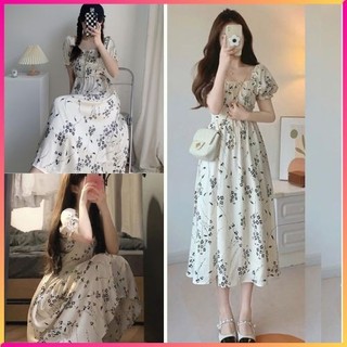 Đầm lụa hoa tay phồng cổ vuông phong cách nàng thơ, Váy babydoll dáng dài đầm xòe cổ vuông hoa nhí dễ thương