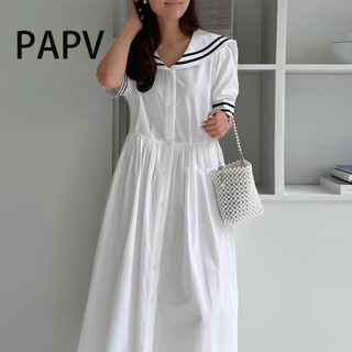 Papv Sang Trọng Cổ Hải Quân Đơn Ngực Rời Tương Phản Sọc Đầm Ngắn Tay 1697