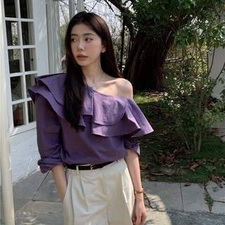 Áo sơ mi nữ Oeggeo mùa xuân không đều phiên bản Hàn Quốc mới của áo sơ mi chui đầu dài tay