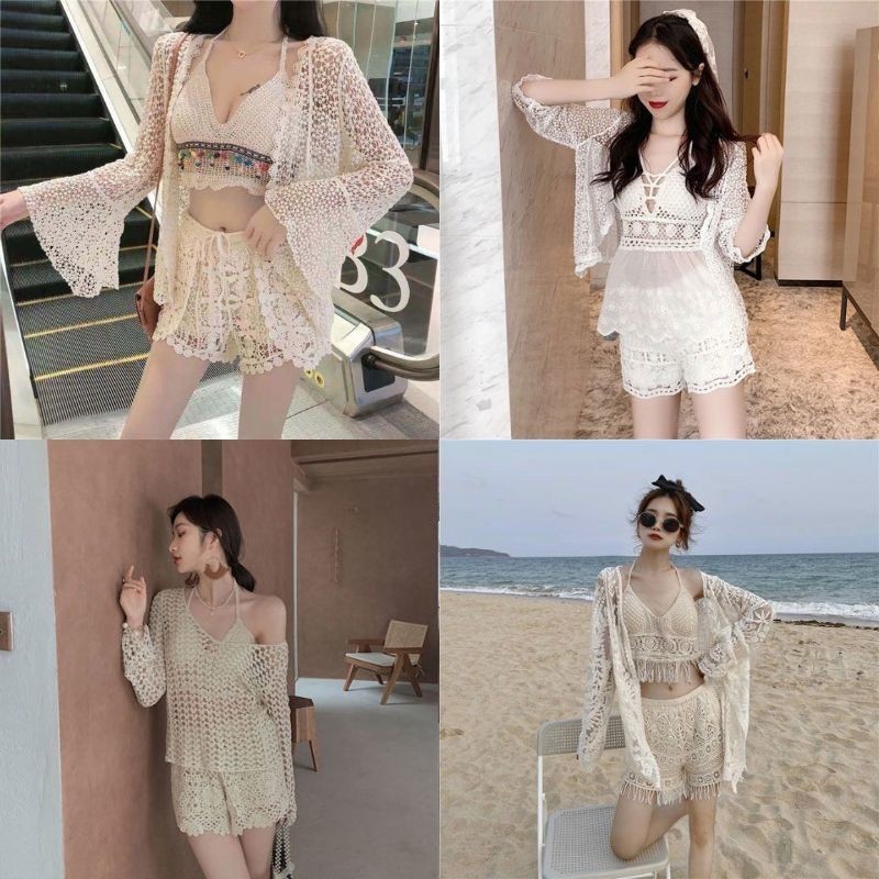 Tổng Hợp Các Mẫu Set Bikini Đi Biển, Đồ Bơi Nữ Freesize Họa Tiết  Len Móc Đan Lưới Ren Bra Đính Hạt Thời Trang Nữ