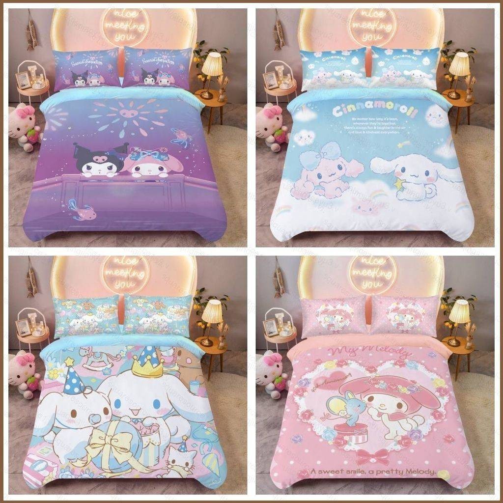 Sanrio Melody Kuromi Cinnamoroll 3in1 Bộ chăn ga gối ga trải giường Vỏ chăn phòng ngủ Bộ đồ thoải mái có thể giặt được