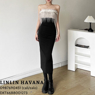 [Có sẵn] [Giá hủy diệt] Đầm Ống Màu Đen Phối Trắng, Viền Xù Rủ Chân Ngực Phong Cách Quyến Rũ