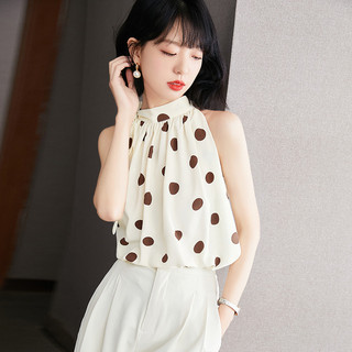 Bắn thật#挂脖背心女夏季法式气质波点小衫复古雪纺衫露肩无袖上衣 Wg2i