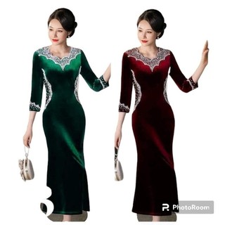Đầm dạ hội nhung trung niên đi tiệc cổ nạm đá phối eo đá 2 bên size lón 75kg, Đầm dạ hội nhung đuôi cá nạm đá bigsize