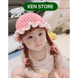 Nón mũ len mềm Hồng viền, kèm bím tóc giả cho bé (4-10m) KEN STORE