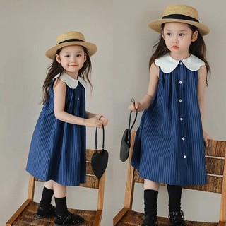 Trẻ Em Quần Áo Trẻ Em Bé Gái Đầm Mùa Hè Phong Cách Mới Phiên Bản Hàn Quốc Thời Trang Lớn Ve Áo Đầm Sọc Đậm Trung Nhỏ Trẻ Em 0407