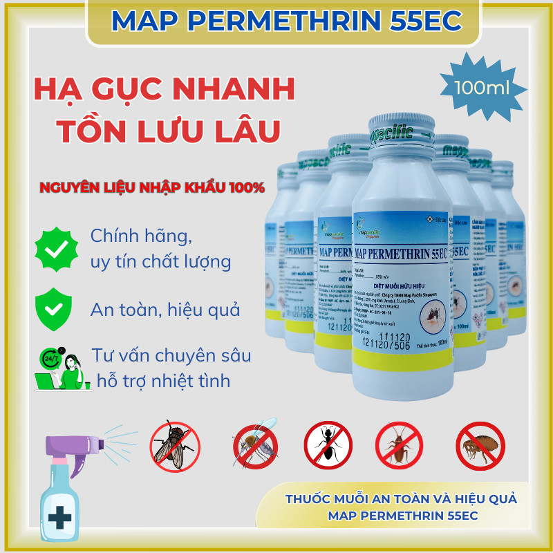 Thuốc diệt muỗi, côn trùng Map Permethrin 55EC chai 100ml, chế phẩm diệt côn trùng, tẩm mùng màn