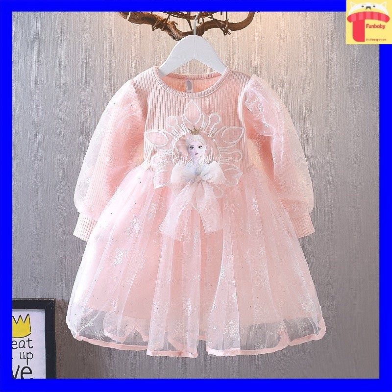 Đầm công chúa bé gái 1-6 tuổi hình elsa đội vương miện đính nơ, Váy ren cho bé điệu đà đáng yêu