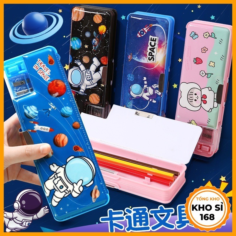 Hộp bút đa năng bằng nhựa, hộp đựng bút thông minh nhiều ngăn 2 mặt, hộp bút học sinh cho bé E1532