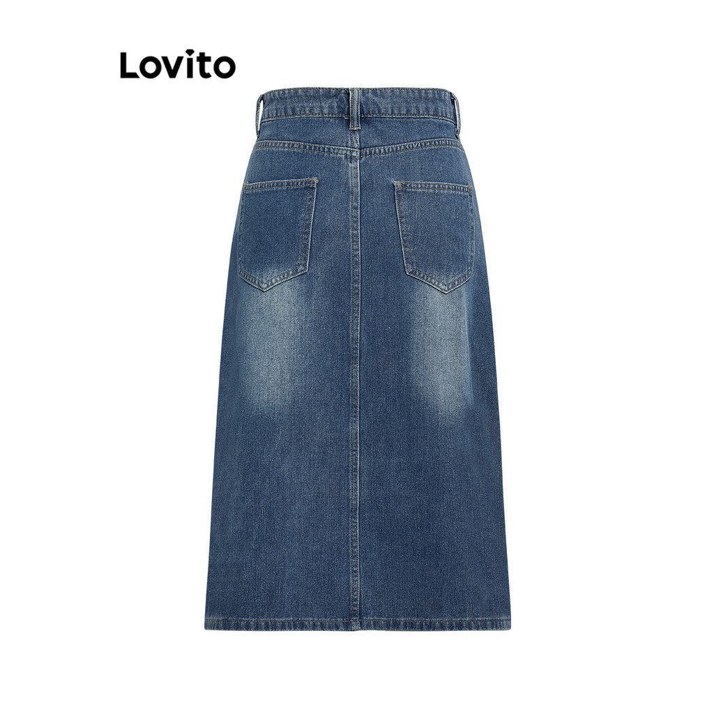 Chân váy Lovito denim phối thắt lưng xẻ tà trước màu trơn thường ngày cho nữ LNA26239 (màu xanh dương)