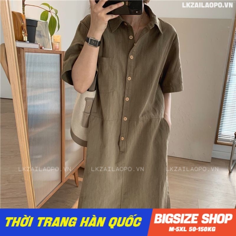 Váy đầm nữ Bigsize Đầm sơ mi dáng suông tay ngắn có cổ trơn mùa hè Phong cách Hàn Quốc Thời Trang đẹp