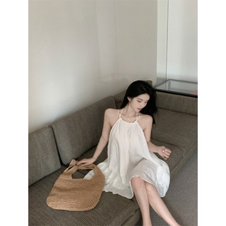 Liasynn Trà Break Phong Cách Trắng Dây Cổ Sling Đầm Mùa Hè 2024 Phong Cách Mới Retro Rời Chữ A Đầm Nữ Thường Ngày Rời Chữ A Đầm