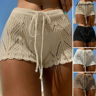 Vải lanh nữ đi biển quần short rỗng ra dệt kim ren dây rút co giãn eo màu trơn mềm mại thoáng khí rời cao cấp eo mùa hè bikini quần short