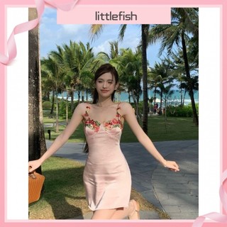 [Littlefish] Pure Desire Phong Cách Thêu Hoa Satin Đầm Nữ Gợi Cảm Cô Gái Nóng Ôm Vừa Vặn Bên Trong Hông Váy Ngắn
