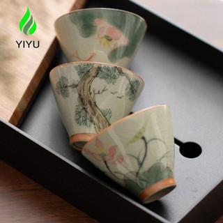  YIYU Cốc trà gốm Ge Kiln Cốc trà Kung Fu họa tiết hoa sen vẽ tay các loại màu Trung Quốc Underglaze màu đá nứt men trà nếm thử quà tặng 