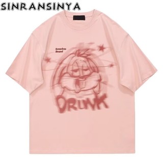 Sinransinya Áo thun nam mới kiểu Mỹ retro đường phố haoute couture cotton nguyên chất màu trắng thỏ in đáy rộng oversize cặp đôi cổ tròn thời trang
