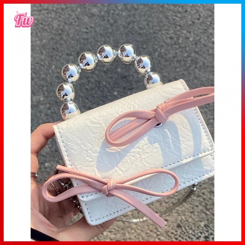 Túi Đựng Tai Nghe Dây Xích Mini Đính Nơ Màu Đen / Hồng Xinh Xắn