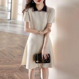 Hàng Mới Về Cổ Áo polo Váy Chữ A Bán Mùa Hè Phong Cách Mới Rời Trắng Pháp Đan Đầm Nữ