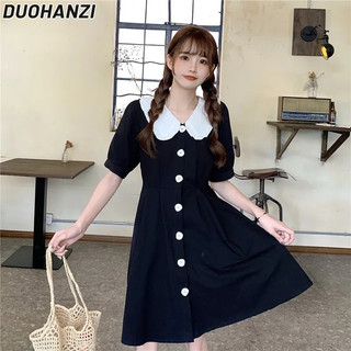 Duohanzi Váy cổ búp bê trẻ em ngọt ngào mới, giảm béo eo và váy ngắn tay màu hồng giống như cổ tích dành cho bé gái