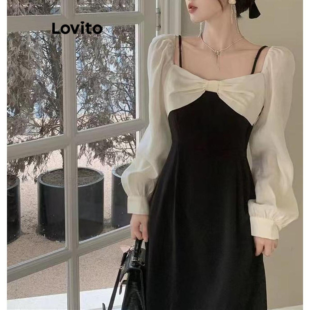 Lovito Đầm trễ vai trơn thanh lịch cho nữ LNA39106 (Đen và trắng)