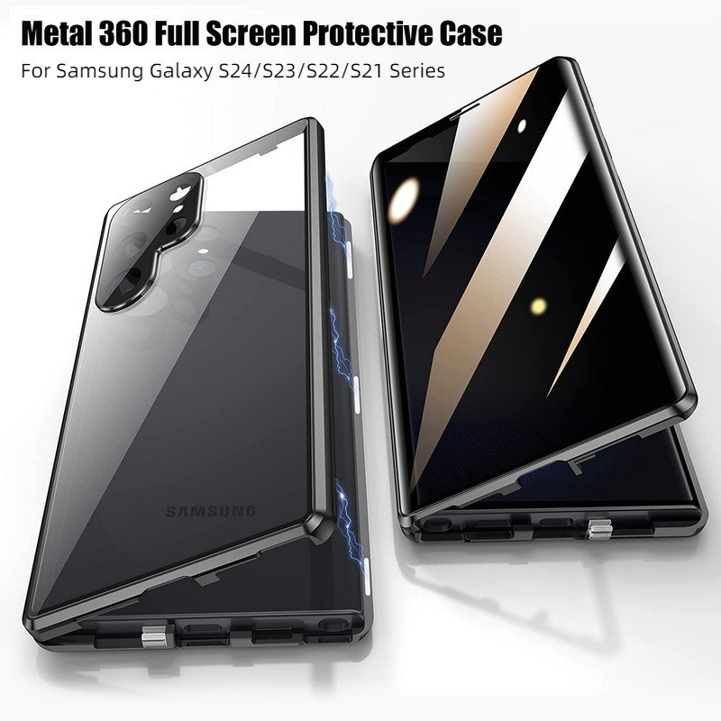 Ốp Lật Hấp Phụ Từ Tính Kính Cường Lực Mặt Trước Chống Gián Điệp Cho Samsung Galaxy S24 Ultra S23 FE S24 S23 Plus S22 Ultra S21Ultra 360 Độ Bảo Vệ Toàn Diện Vỏ Điện Thoại
