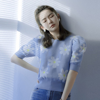 Daisy Jacquard Áo Chui Đầu Cổ Tròn Dệt Kim Tay Ngắn Áo Puff Nữ Xuân Hè