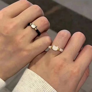 Nhẫn đính cườm mèo dễ thương màu đen trắng đầu mèo nhẹ nhàng nhẫn cặp đôi sang trọng