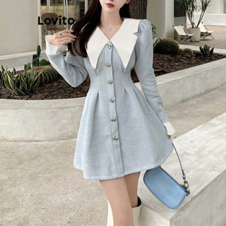 Lovito Váy Chắp Vá Thông Thường Có Cổ Áo Tương Phản Phía Trước Dành Cho Nữ LNA34104 (Màu Xanh Da Trời)