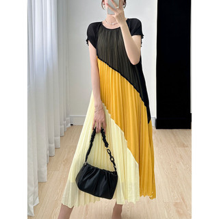 Miyake Xếp Ly Rời Tính Khí Cổ Tròn Cao Cấp Tay Ngắn Giữa Chiều Dài Váy Nữ Phong Cách Mới Thường Ngày