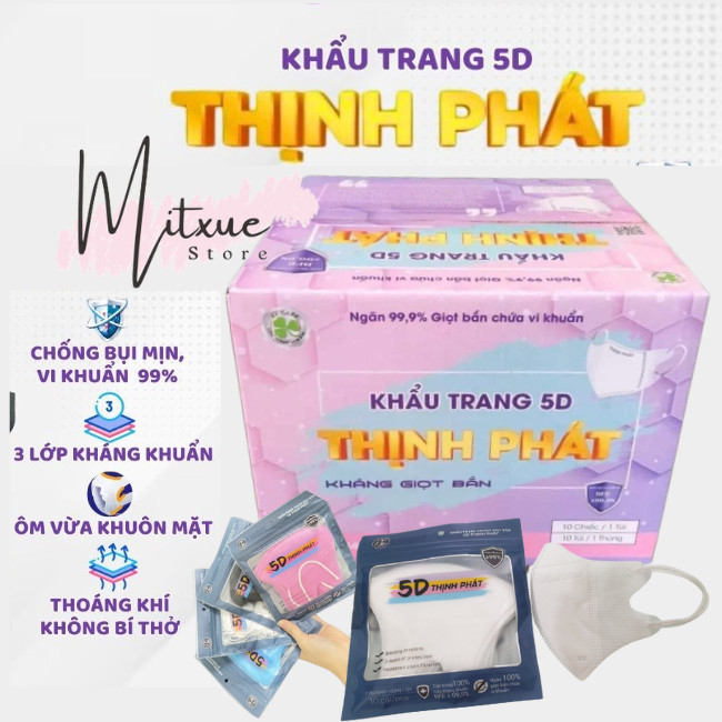 Khẩu trang 5D, sét túi 10 chiếc khẩu trang 5D Thịnh Phát kháng khuẩn ngăn giọt bắn, thoáng khí dễ thở