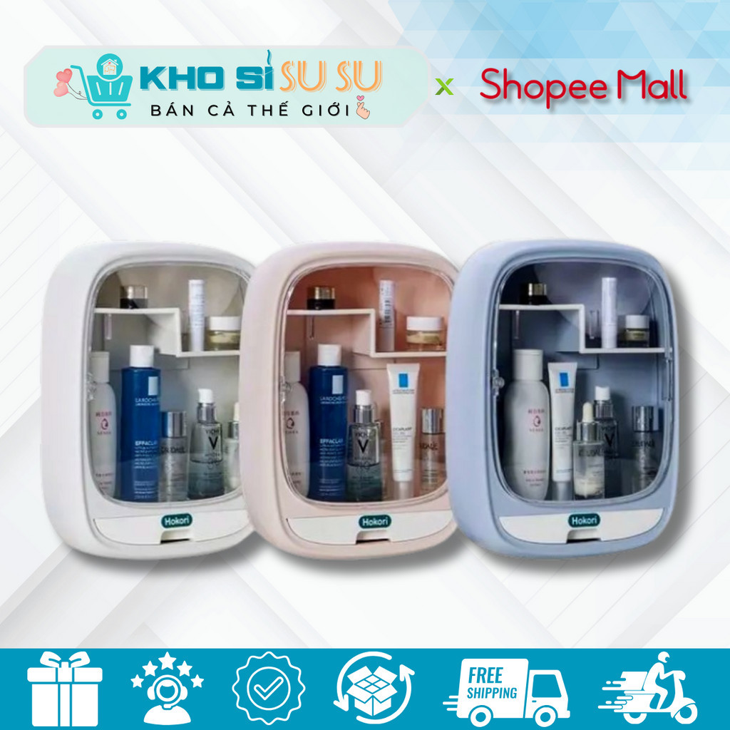 Tủ đồ mỹ phẩm dán tường - Kệ đựng mỹ phẩm treo tường, tủ đồ dán tường nhà tắm 2 ngăn có nắp đậy đa n