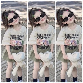 Set áo Forever cotton và chân váy xanh chất kaki bé gái