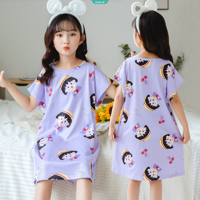Váy ngủ trẻ em mùa hè 2024 Bộ đồ ngủ ngắn tay cho bé gái Hoạt hình trẻ em Cinnamoroll Đồ mặc nhà cho bé gái trung và lớn Đồ mặc kiểu Chi-bi Maruko Nhật Bản [GM]