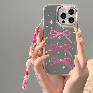 Vỏ iPhone 15 Pro Max Gương Trang Điểm Mạ Điện Màu Hồng Nơ Hạt Dây Chuyền Ốp Lưng Điện Thoại Tương Thích Cho iPhone 11 14 12 13 Pro Max X XS XR 7 8 Plus Vỏ TPU Mềm Chống Sốc