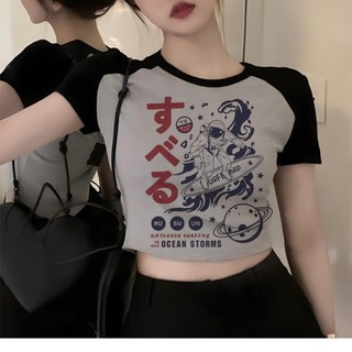 Harajuku 3 thùng rác dạo phố thẩm mỹ crop top Người phụ nữ đồ họa dạo phố hàn quốc thời trang tee