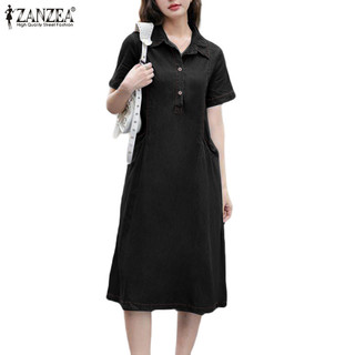 Zanzea Nữ Hàn Quốc Túi Hàng Ngày Ve Áo Tay Ngắn Màu Trơn Váy