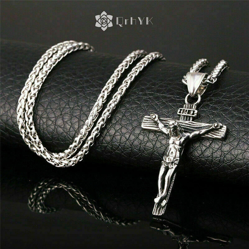 Qrhyk Nam Bạc Thép Không Gỉ Chúa Giêsu Kitô Thánh Giá Mặt Dây Chuyền Vòng Cổ Dây Chuyền Mới